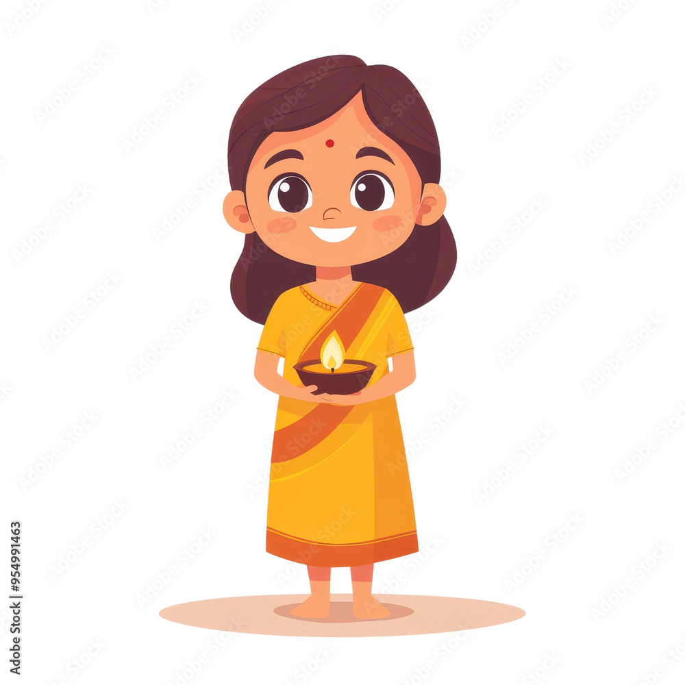 A cheerful girl in a traditional outfit holding a lamp, symbolizing joy and celebration with vibrant colors. A cheerful girl in a traditional outfit holding a lamp, symbolizing joy and celebration with vibrant colors.