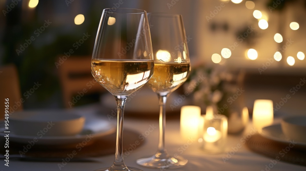 A pair of elegant wine glasses filled with white wine, placed on a beautifully set dining table with fine china and soft candlelight in the background.