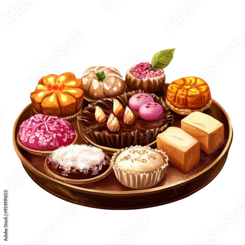 A colorful assortment of delectable pastries arranged on a wooden platter, perfect for dessert or celebration. photo