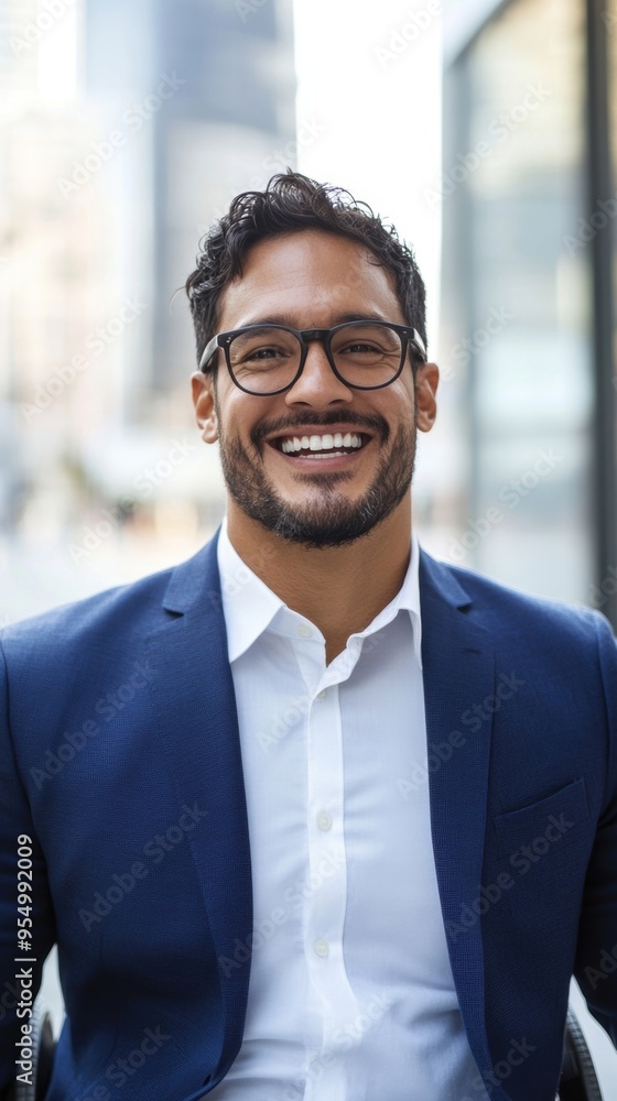 A cheerful businessman in a wheelchair smiles confidently while enjoying a sunny day in the city, dressed in a smart suit A cheerful businessman in a wheelchair smiles confidently while enjoying a sunny day in the city, dressed in a smart suit