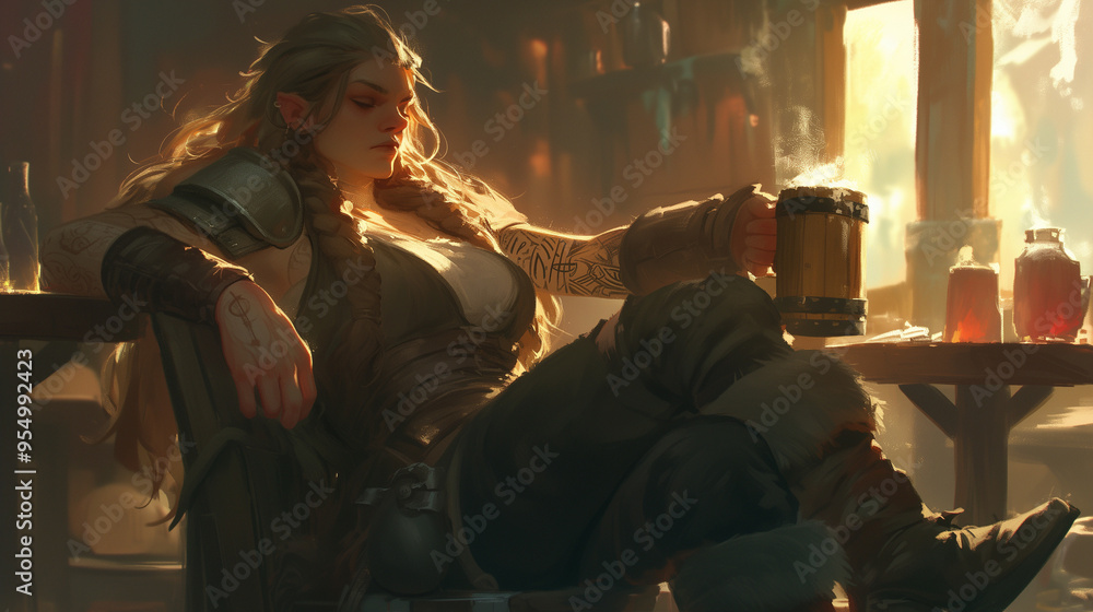 dwarf female drinking ale in a rustic tavern, with intricate tattoos and heavy armor, lit by warm firelight and window dwarf female drinking ale in a rustic tavern, with intricate tattoos and heavy armor, lit by warm firelight and window