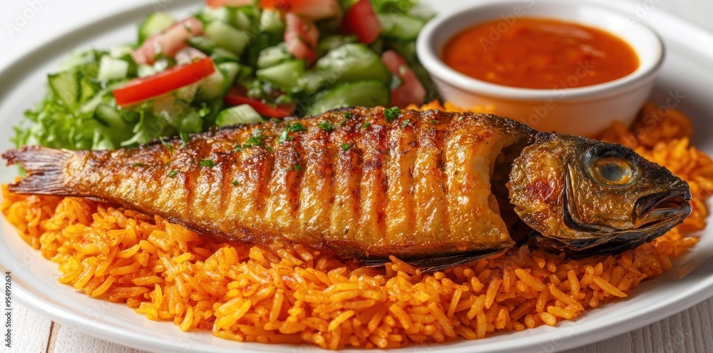 Grilled Fish with Orange Rice, Salad, and Tomato Sauce Grilled Fish with Orange Rice, Salad, and Tomato Sauce