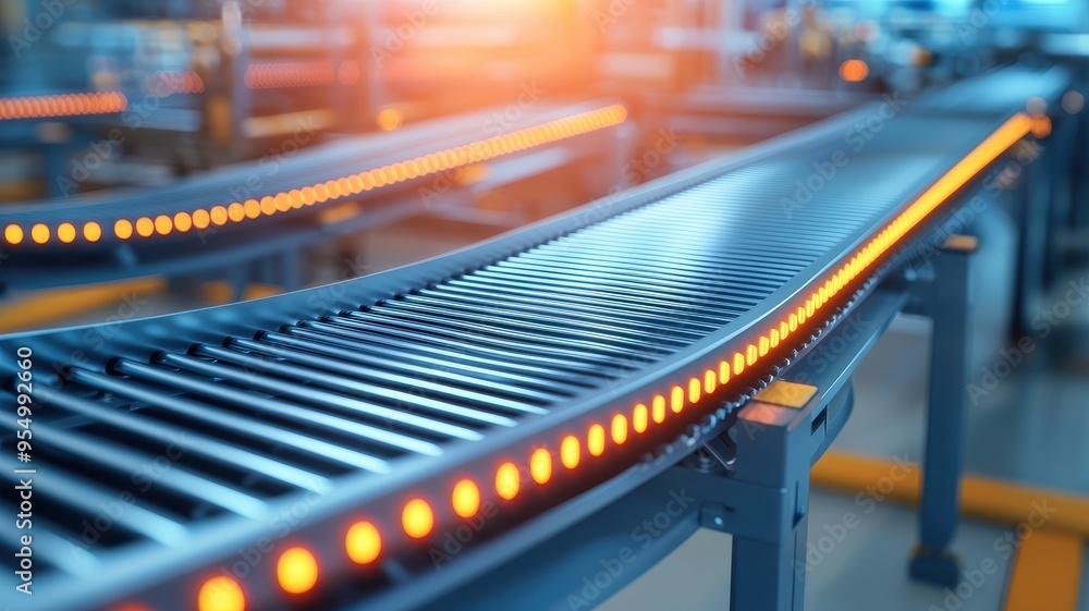 Modern conveyor belt in a factory, featuring illuminated lines for enhanced visibility and efficiency in industrial processes. Modern conveyor belt in a factory, featuring illuminated lines for enhanced visibility and efficiency in industrial processes.