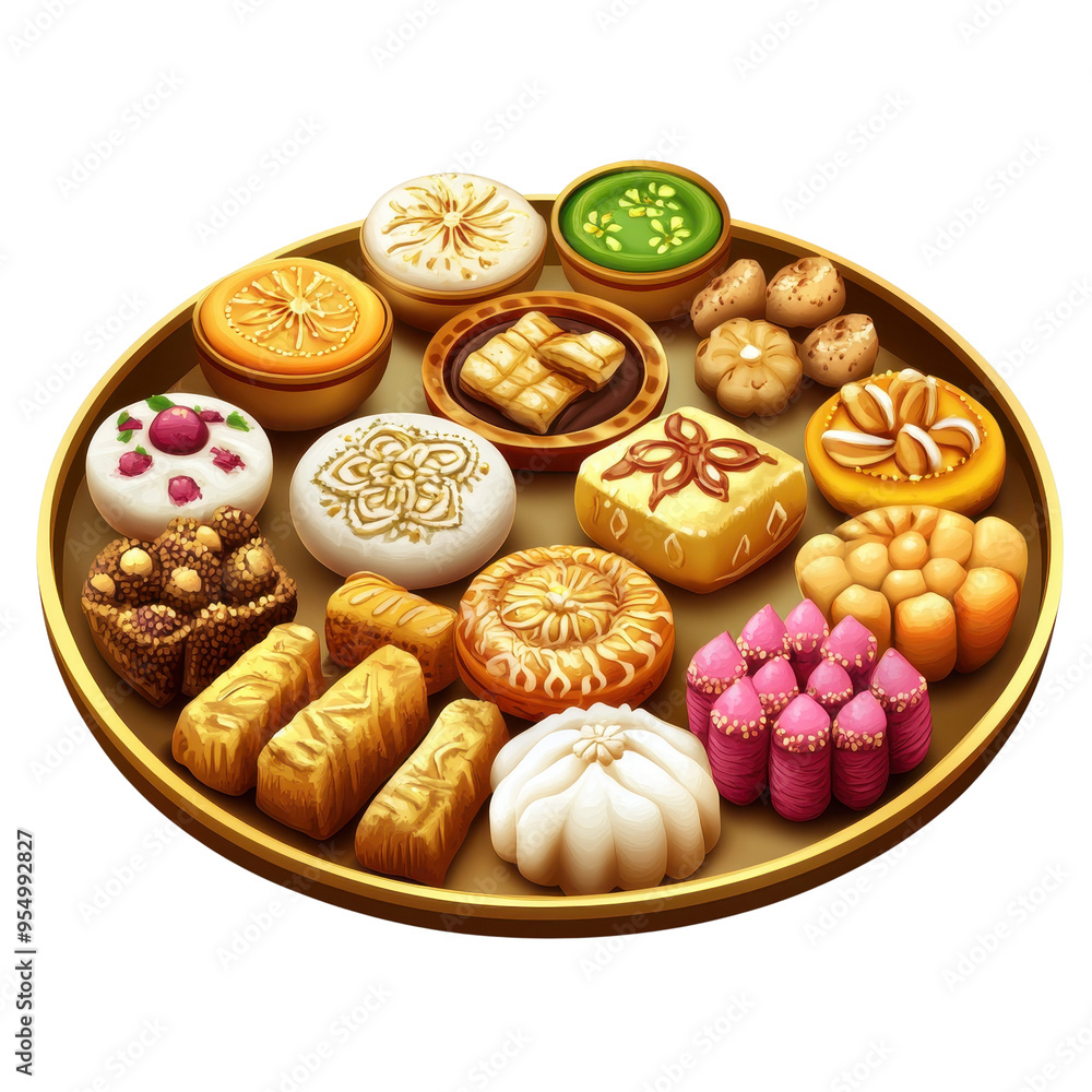 Fototapeta premium A vibrant assortment of traditional sweets displayed on a decorative platter, ideal for festive occasions and celebrations.