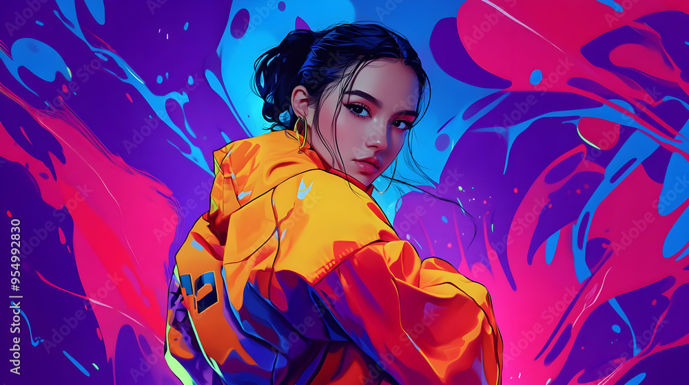 Abstract Colorful Background Animation with a Woman in a Yellow Jacket Looking Over Her Shoulder Abstract Colorful Background Animation with a Woman in a Yellow Jacket Looking Over Her Shoulder