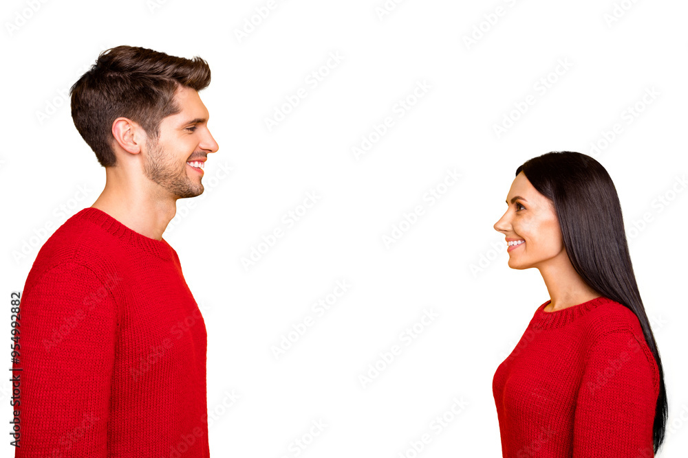 Profile side photo of charming lady and guy stare face-to-face wear red sweater isolated over yellow background Profile side photo of charming lady and guy stare face-to-face wear red sweater isolated over yellow background