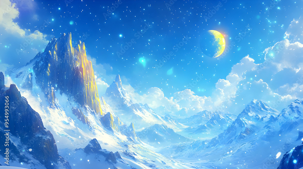 Obraz premium Snowy Mountains with a Crescent Moon and Glowing Stars in a Blue Sky Abstract Landscape Background Animation