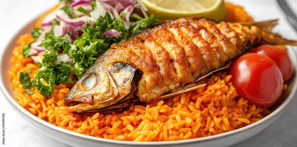 Fried Fish with Red Rice, Tomatoes, and Onion Salad Fried Fish with Red Rice, Tomatoes, and Onion Salad