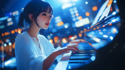 Woman Playing Piano with Blue and Orange Lights in the Background - A Nighttime Performance of Music and Passion