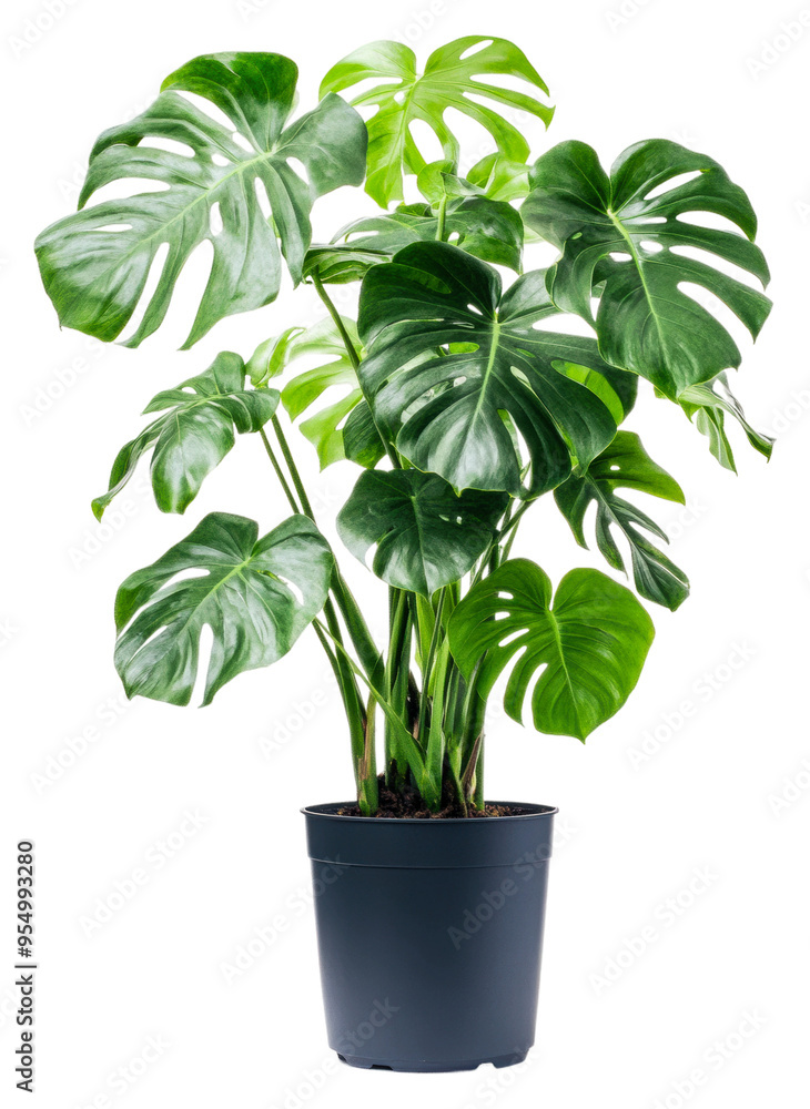 Fototapeta premium Lush monstera plant in a black pot indoors isolated on transparent background