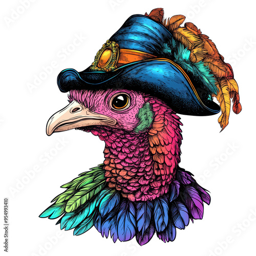 A vibrant illustration of a colorful turkey wearing a stylish hat with feathers, perfect for festive or whimsical themes. photo