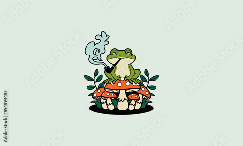 A relaxed frog smoking a pipe on mushrooms.