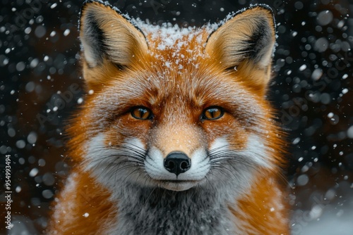 Red Fox in Snowfall with Focused Gaze