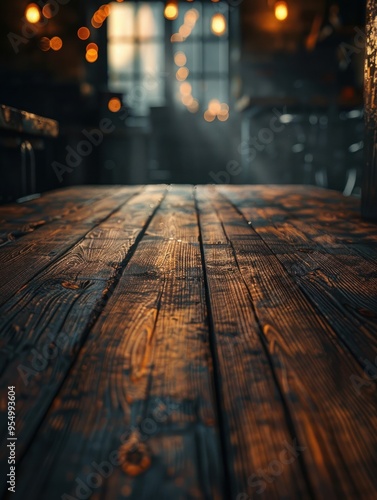 Wooden table in cozy dimly lit cafe with bokeh lights