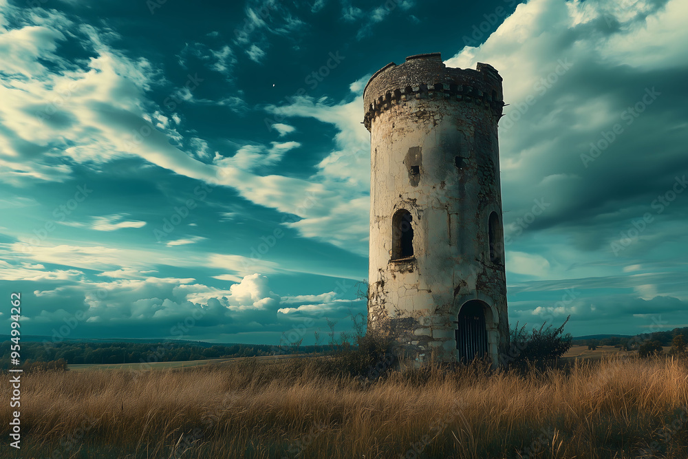 An illustration of a weathered medieval tower isolated in a field An illustration of a weathered medieval tower isolated in a field