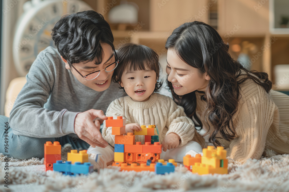 Parents play happily with their children at home. By connecting blocks in the living room. Parents play happily with their children at home. By connecting blocks in the living room.