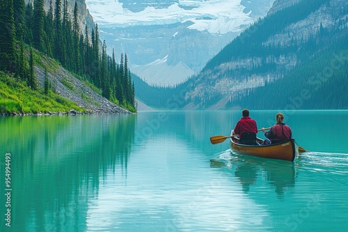 A peaceful canoe ride on Lake Louise reflecting emerald waters and mountains photo