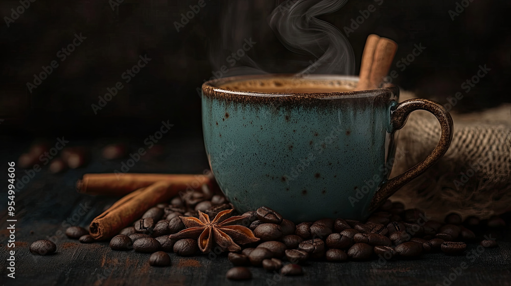 A steaming cup of coffee surrounded by coffee beans and spices like cloves and nutmeg, creating a warm ambiance. A steaming cup of coffee surrounded by coffee beans and spices like cloves and nutmeg, creating a warm ambiance.
