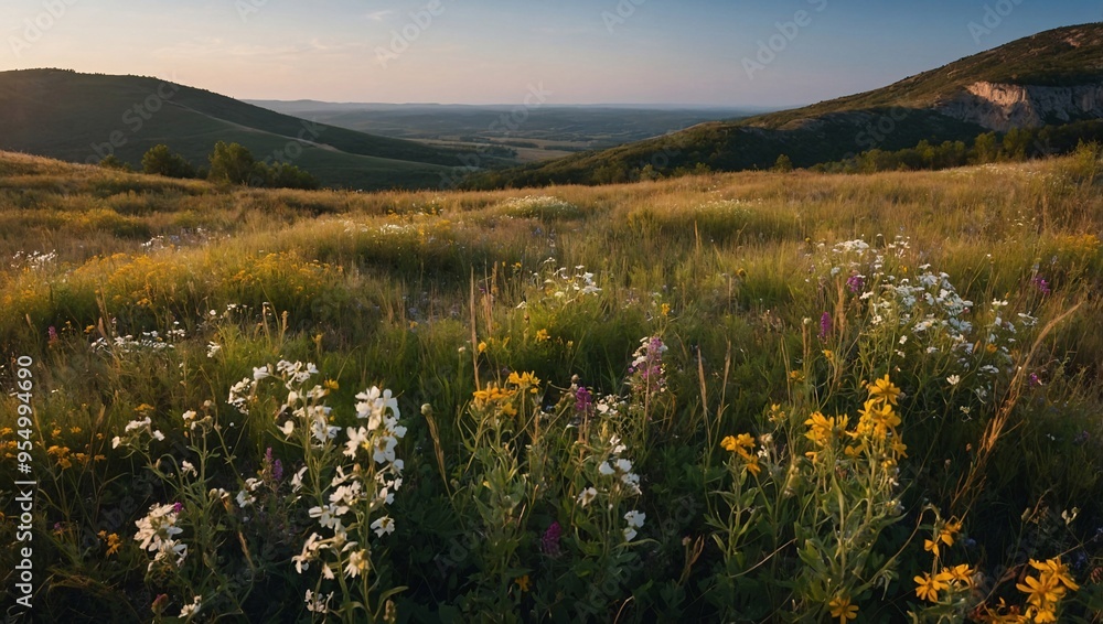 Panoramic landscape with wildflowers against a clear sky. Panoramic landscape with wildflowers against a clear sky.