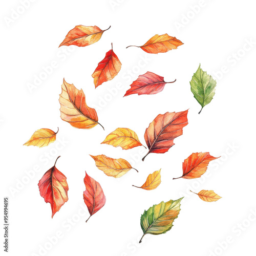 Colorful autumn leaves scattered gracefully on a white background, showcasing the beauty of fall's vibrant hues.