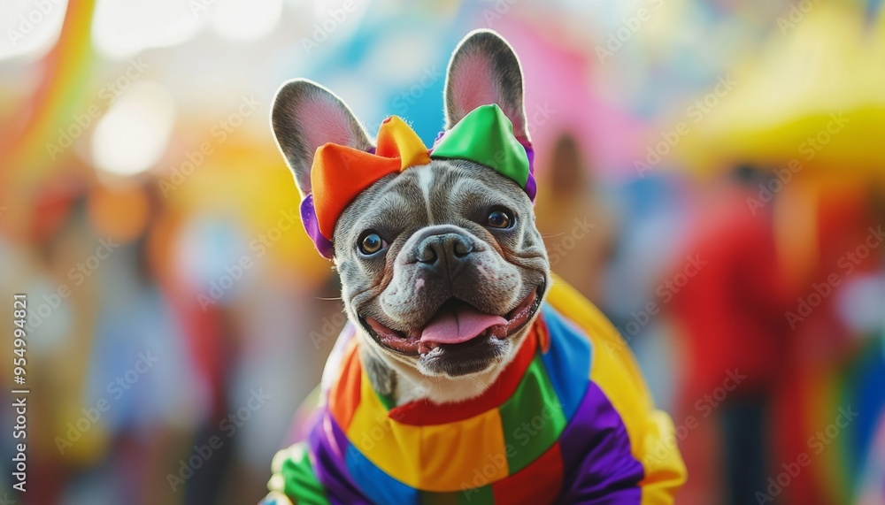 A funny French Bulldog in a multi-colored costume is dancing at the Brazilian Carnival.NFT Art, Fashion Prints, and Inclusive Promotional Campaigns. Festive 4K Wallpaper for Cultural Events. Colorful A funny French Bulldog in a multi-colored costume is dancing at the Brazilian Carnival.NFT Art, Fashion Prints, and Inclusive Promotional Campaigns. Festive 4K Wallpaper for Cultural Events. Colorful