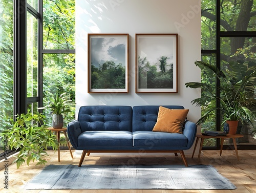 Modern Living Room Interior Design with Blue Sofa  Plants  and Framed Artwork photo