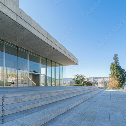 Modern architecture highlights a spacious entrance of a cultural center in a city, surrounded by greenery on a clear day