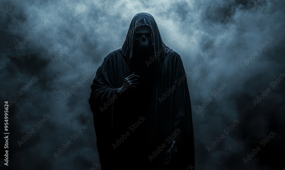 Grim reaper with smoky background. Halloween and horror concept. Scary dark black undead villain. Silhouette of a creepy eerie mysterious death daemon. Grim reaper with smoky background. Halloween and horror concept. Scary dark black undead villain. Silhouette of a creepy eerie mysterious death daemon.
