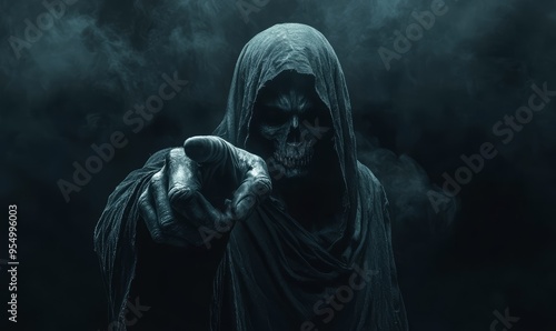 Grim reaper with smoky background. Halloween and horror concept. Scary dark black undead villain pointing with the finger at you. Silhouette of a creepy eerie mysterious death daemon.