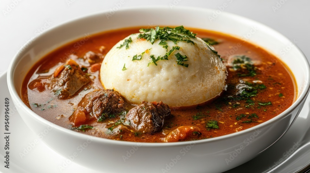 Beef Stew with Dumpling and Parsley Garnish in White Bowl Beef Stew with Dumpling and Parsley Garnish in White Bowl