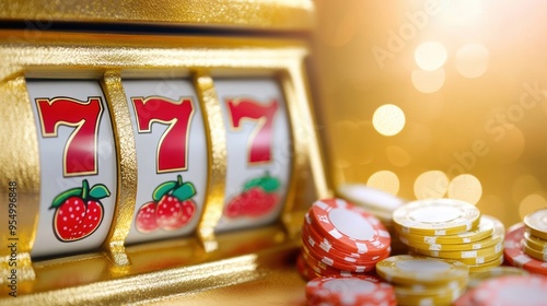 A slot machine showcases three sevens in a row while poker chips surround it, capturing the thrill of winning in a lively casino setting