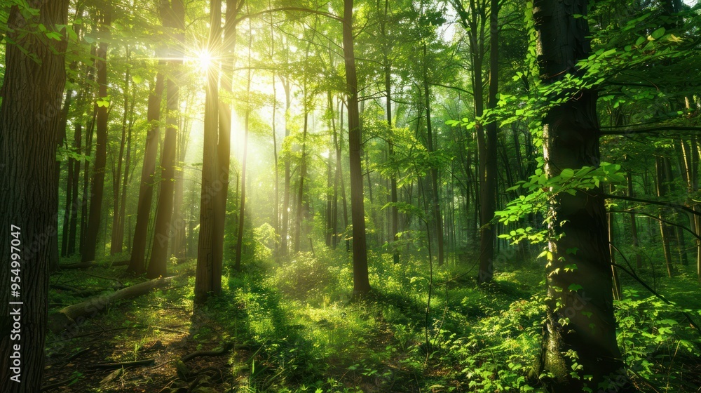 Obraz premium Sunbeams Through the Forest