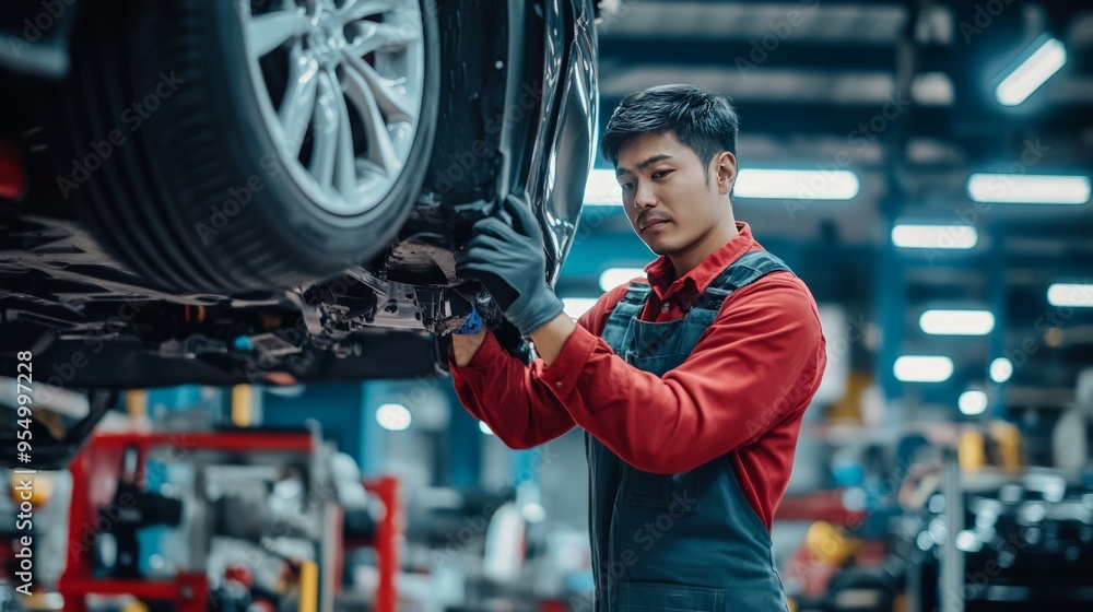 Skilled Asian technicians in a workshop, removing the underbody from a car on a lift to inspect for any issues.