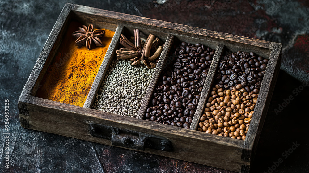 An assortment of spices and coffee beans displayed on a rustic tray, ready for brewing. An assortment of spices and coffee beans displayed on a rustic tray, ready for brewing.