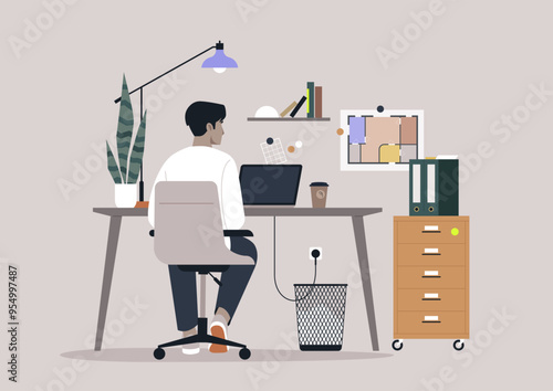 An architect diligently sketches designs on a laptop, with architectural plans displayed nearby, amidst a well-arranged workspace enhanced by greenery and organization