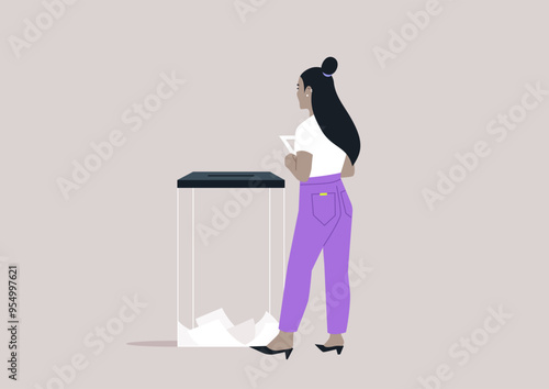 A thoughtful voter engages with a transparent ballot box during an election, pondering civic responsibilities