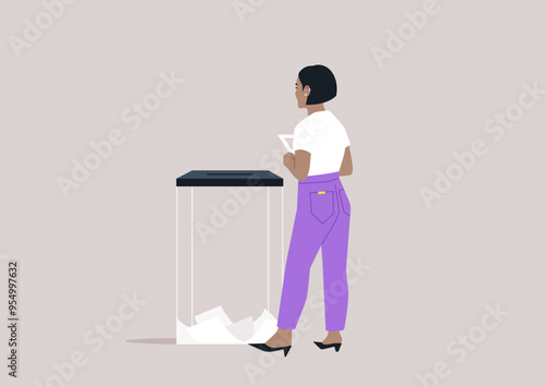 A thoughtful voter engages with a transparent ballot box during an election, pondering civic responsibilities