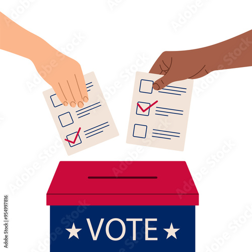 Vote 2024. Two hands drop ballot paper into ballot box. Election campaign. Flat isolated vector illustration	