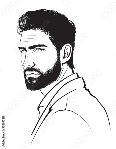 hand-drawn fashion illustration of attractive man with beard