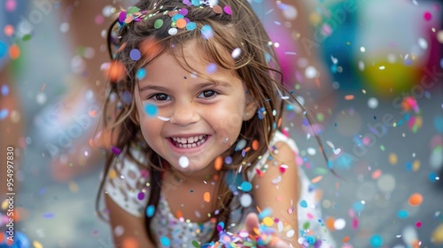 A little girl smiles brightly while tossing colorful confetti into the air during a fun outdoor celebration with friends