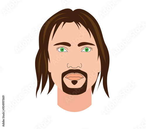 Young Man Frontal Portrait with Long Hair. Human faces and character design concept vector
