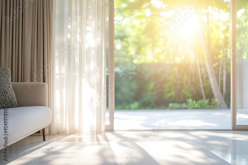 Blur living room at home with morning sunlight at big window for background usage. blur interior background concept. white, britht tone , ai photo