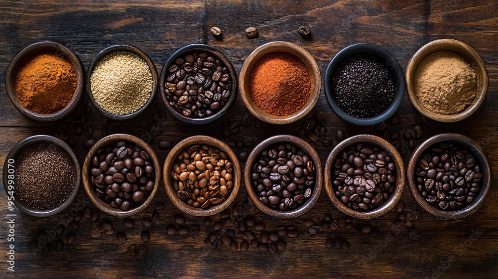 An overhead shot of a variety of spices and coffee beans arranged in small bowls on a wooden surface. An overhead shot of a variety of spices and coffee beans arranged in small bowls on a wooden surface.