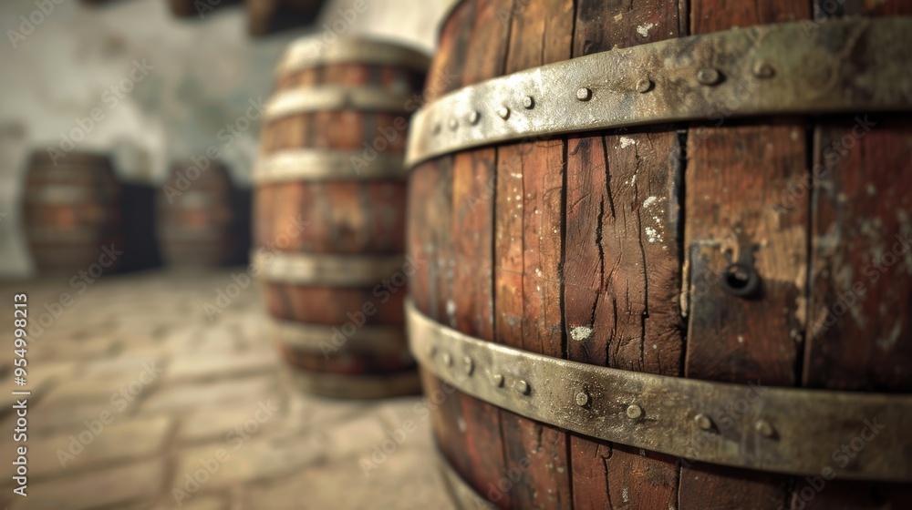 Fototapeta premium Rustic wine barrels rest in a dimly lit cellar, showcasing their weathered textures against the ancient stone backdrop