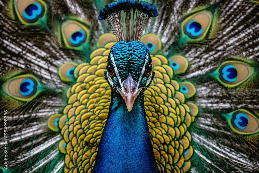 Fototapeta premium Close-up of a Peacock's Head and Feathers