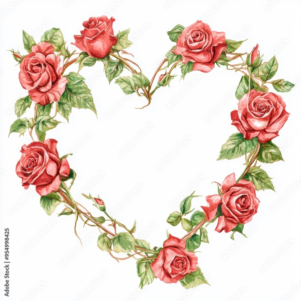 Beautiful heart-shaped wreath made of red roses and green leaves on a white background, perfect for romantic occasions and decorations. Beautiful heart-shaped wreath made of red roses and green leaves on a white background, perfect for romantic occasions and decorations.