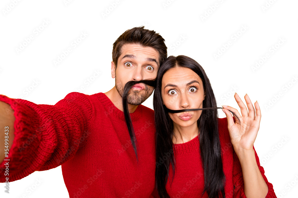 Close up photo of charming lady and her guy take selfie fool with lips pouted plump wear red jumper isolated over yellow background Close up photo of charming lady and her guy take selfie fool with lips pouted plump wear red jumper isolated over yellow background