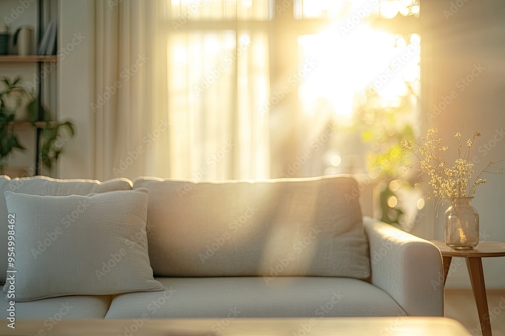 Blur living room at home with morning sunlight at big window for background usage. blur interior background concept. white, britht tone , ai Blur living room at home with morning sunlight at big window for background usage. blur interior background concept. white, britht tone , ai