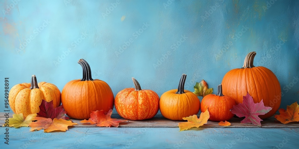 Rustic Pumpkin Display on Wooden Table with Autumn Leaves Rustic Pumpkin Display on Wooden Table with Autumn Leaves