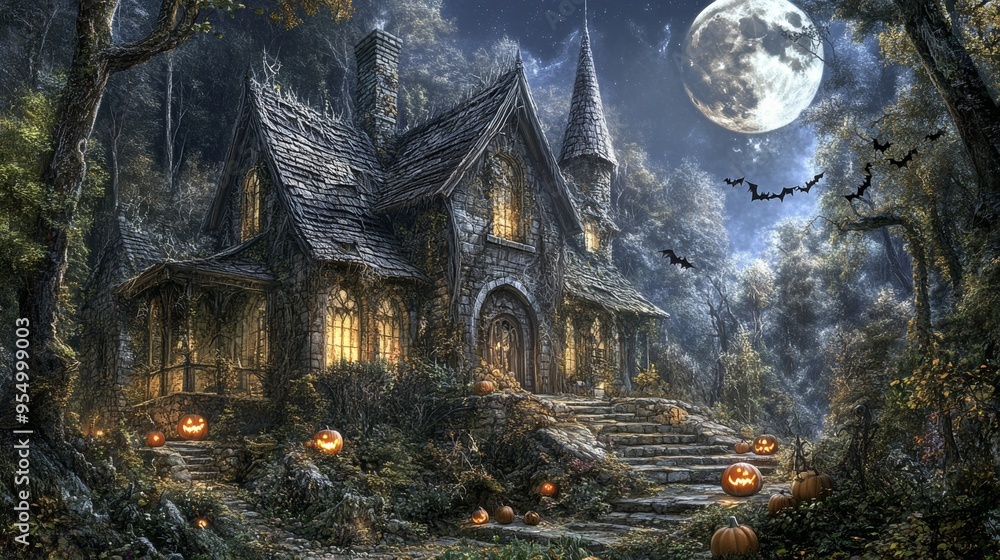 A Halloween background with a focus on a haunted house surrounded by a dense forest. The house is old and dilapidated, with broken windows and overgrown vines. The full moon shines brightly in the A Halloween background with a focus on a haunted house surrounded by a dense forest. The house is old and dilapidated, with broken windows and overgrown vines. The full moon shines brightly in the